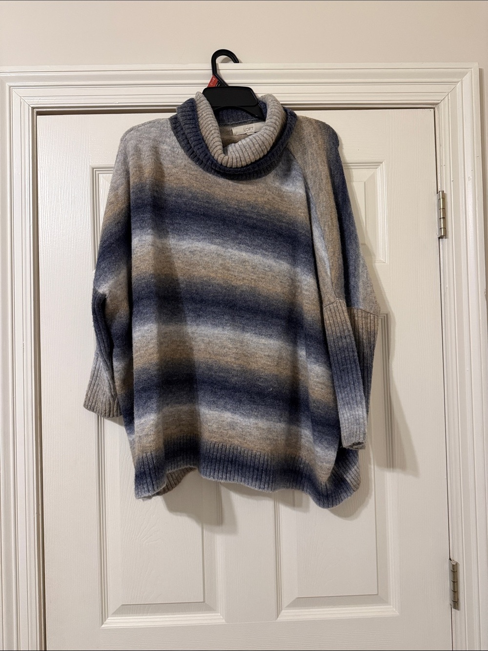 LOFT Striped Cowl Neck Sweater in Blue, Gray, Tan